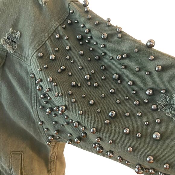 Sunset + Spring Embellished Oversized Distressed Denim Jacket Size XS Green - Picture 2 of 11